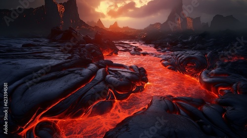 Red Orange vibrant Molten Lava flowing onto grey lavafield and glossy rocky land near hawaiian volcano with vog on background Generative AI photo