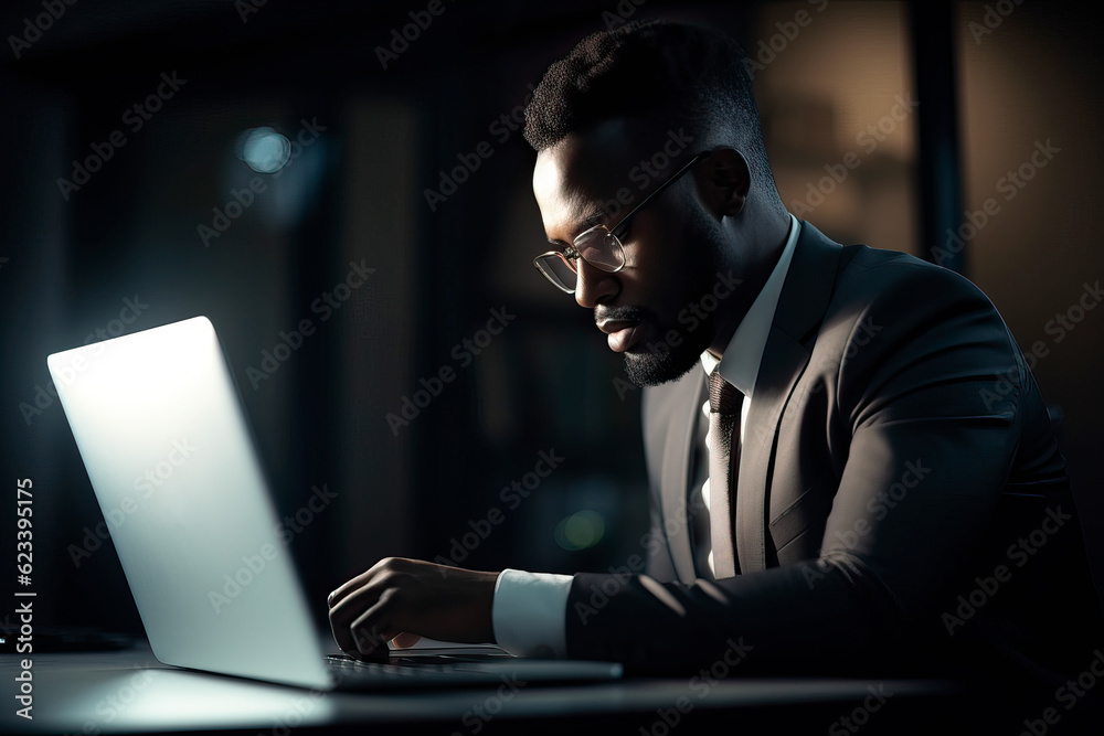 Successful african american manager inside office at workplace, man working using laptop smiling and happy with achievement results and financial money, boss in business suit typing on keyboard Successful african american manager inside office at workplace, man working using laptop smiling and happy with achievement results and financial money, boss in business suit typing on keyboard