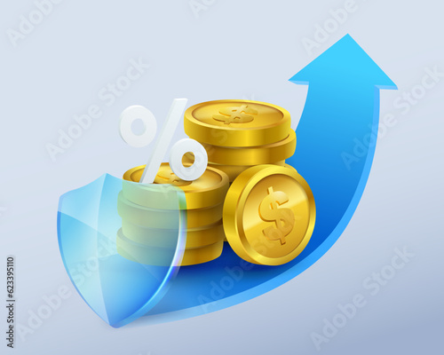Protect deposit and interest bank finance symbol Money safety with clear crystal glass shield. Creative concept of stock market movement.