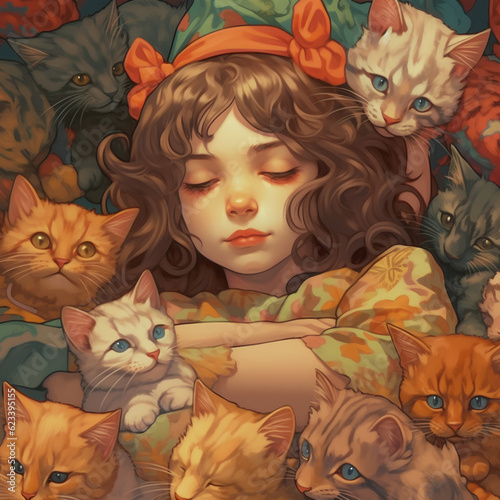 little girl with group of cat
