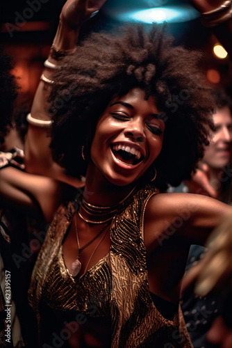 beautiful african american woman in evening dress dancing in disco club