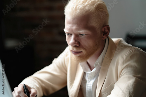 Albino african american man working from home