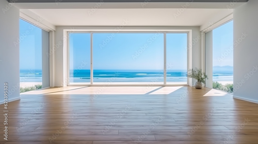 beautiful home interior space with black living room wooden floor with ocean seaside blue sky sea sand beach summer freshness travel season window view house design tropical style,generative ai beautiful home interior space with black living room wooden floor with ocean seaside blue sky sea sand beach summer freshness travel season window view house design tropical style,generative ai
