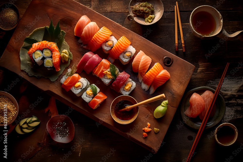Top view set of sushi maki and rolls near teapot Top view set of sushi maki and rolls near teapot