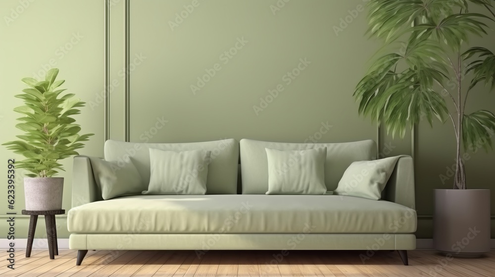 Green colour interior room with green color fabric sofa couch mock up ...