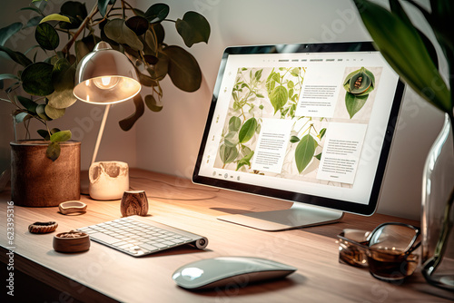 Modern personal computer with web design, keyboard and office accessories on desk at workplace of graphic designer, blogger. Electronic devices, technology and creativity