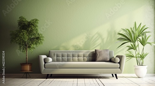 Green colour interior room with green color fabric sofa couch mock up interior house design concept front view perspective,generative ai