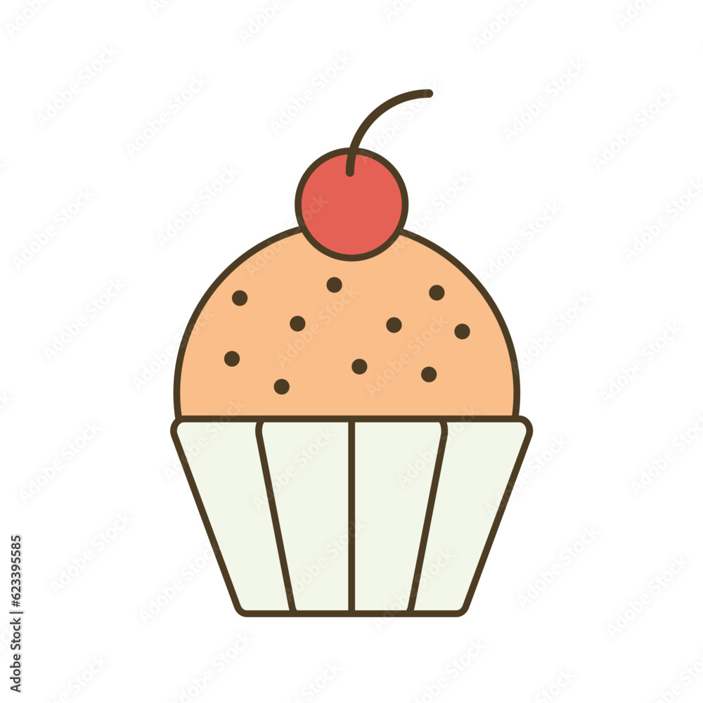 Vector icon, sticker of a chocolate cupcake with cherries in a package for design, printing on clothes, packaging Vector icon, sticker of a chocolate cupcake with cherries in a package for design, printing on clothes, packaging