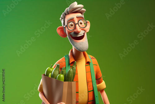 Old man is shopping. The guy with the packages on green background. Vector illustration in cartoon style