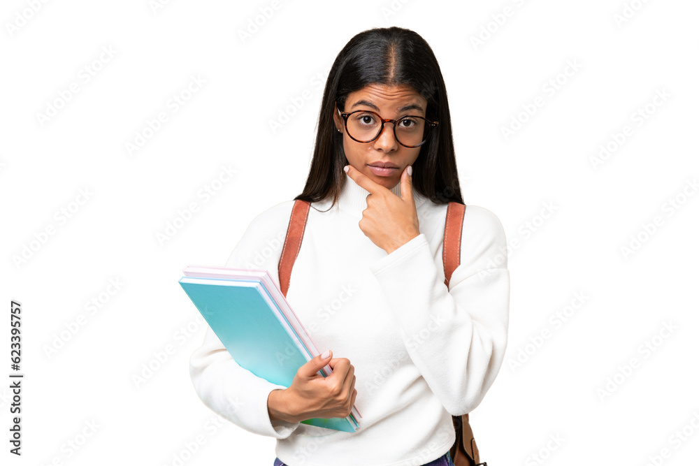 Young African American student woman over isolated background thinking