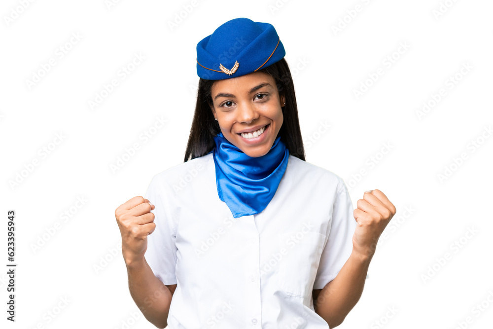 Airplane stewardess African american woman over isolated background celebrating a victory in winner position Airplane stewardess African american woman over isolated background celebrating a victory in winner position
