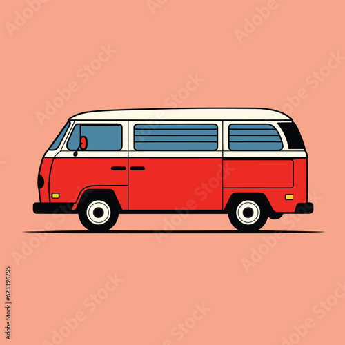 Old style two colors minivan. Side view of red retro hippie bus, vehicle and transport banner, old car from 60s or 70s, traveling by van, Campervan, camping, motorhome. 