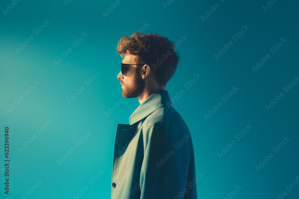 Obraz premium Expressive Man. Humorous, Funky Portrait, Stylish Trendy Attire, Smiling Guy in Jacket, Cool Fashionable Dude, Vibrant Colorful Look, Unique Individuality, Funny Crazy Mood. Generative AI.