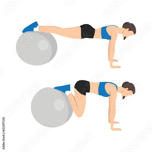 Woman doing swiss or stability ball jackknife exercise. Flat vector illustration isolated on white background