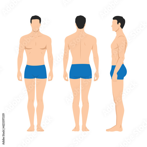 Vector illustration of three men in underwear on the white background. Flat young man. Front view man  Side view man  Back side view man. Flat vector illustration isolated on white background