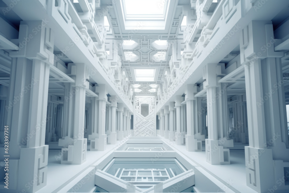 Obraz premium A long hallway with a skylight above it. Generative AI.