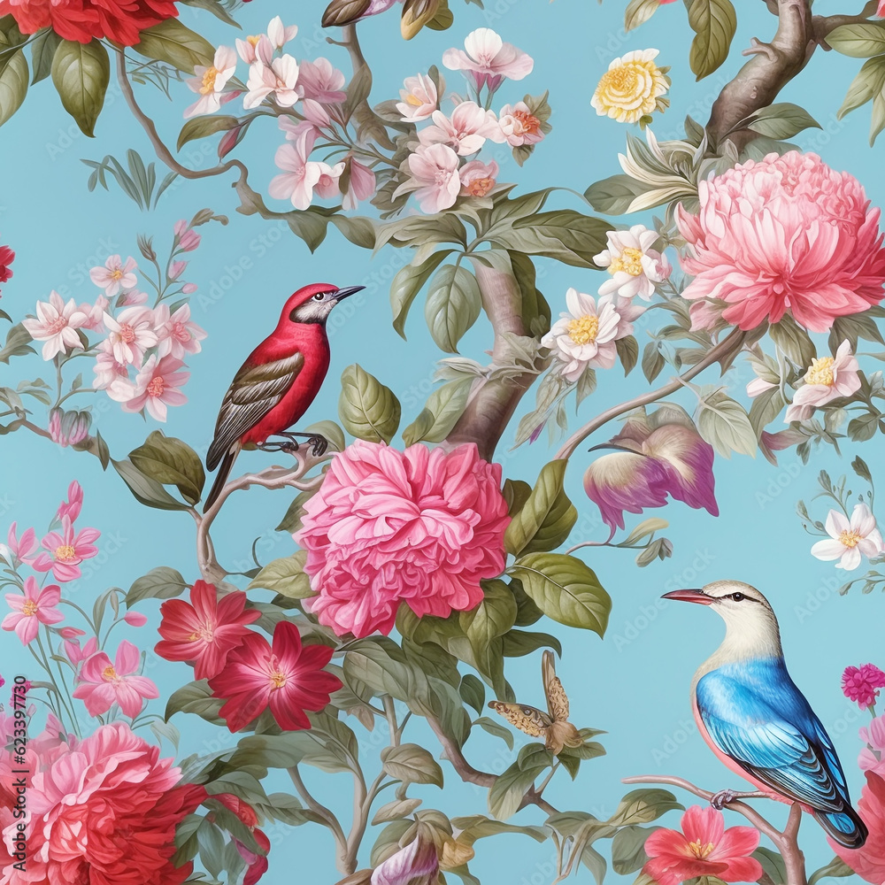wall mural with exotic flowers and birds, Generative AI