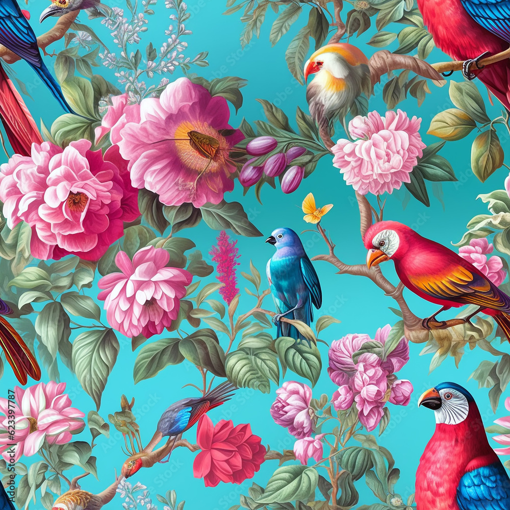wall mural with exotic flowers and birds, Generative AI wall mural with exotic flowers and birds, Generative AI