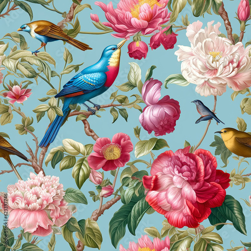 wall mural with exotic flowers and birds, seamless pattern, Generative AI