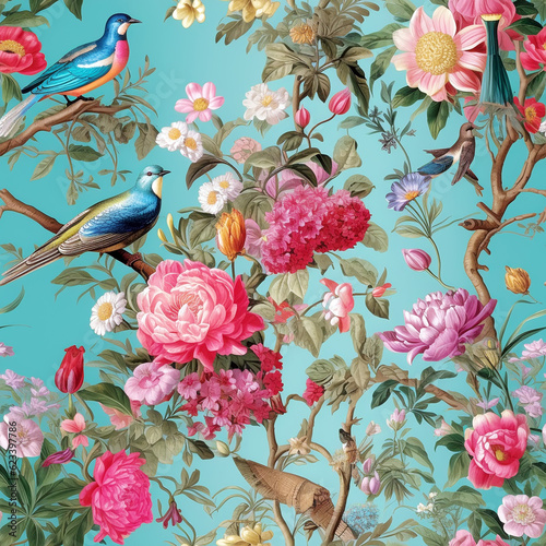 wall mural with exotic flowers and birds, Generative AI © Photobank