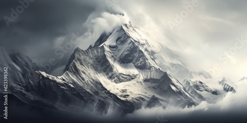 A mountain covered in snow and clouds under a cloudy sky. Generative AI.