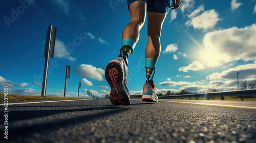 a human runs on the road with a prosthetic leg