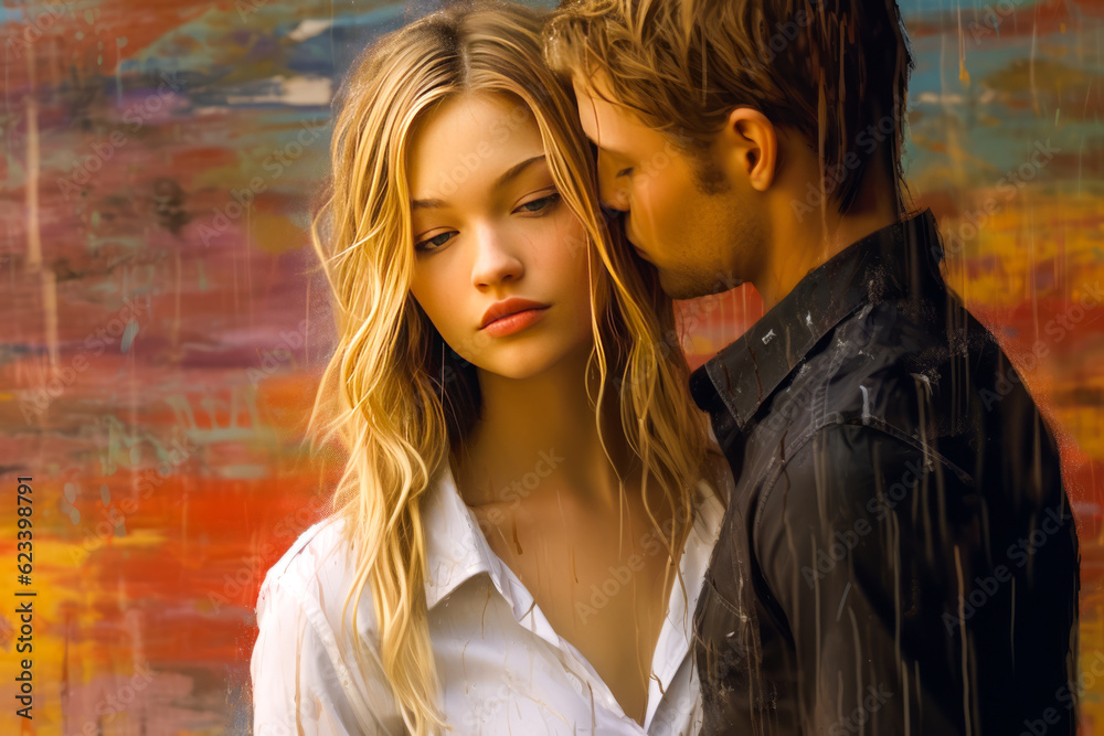 Enchanting young blonde lady, garbed in shorts and tank top, tenderly kissing a gentleman amid vibrant raindrops, creating a captivating melange of emotions. Generative AI Enchanting young blonde lady, garbed in shorts and tank top, tenderly kissing a gentleman amid vibrant raindrops, creating a captivating melange of emotions. Generative AI
