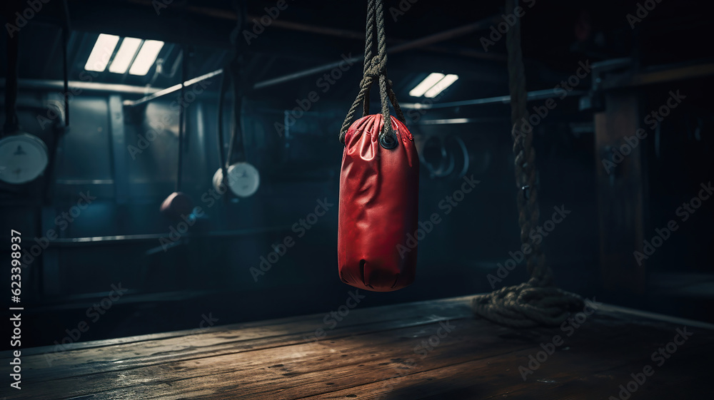 a boxing punching bag with a red rope hanging from it