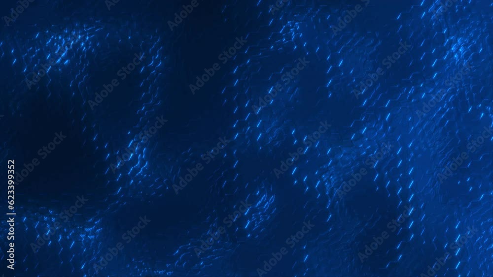 Fantastic embossed blue background of moving shiny bright hexagons creating a grid. Magical animation with an interesting pattern that mesmerizes.
