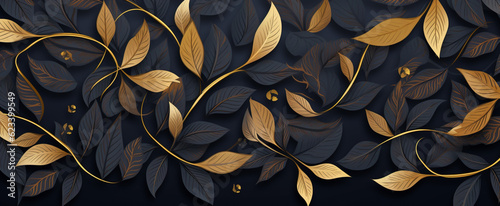Panorama view of abstract luxury elegant floral organic texture wallpaper banner illustration - Gold line art leaves on dark background, seamless pattern.
