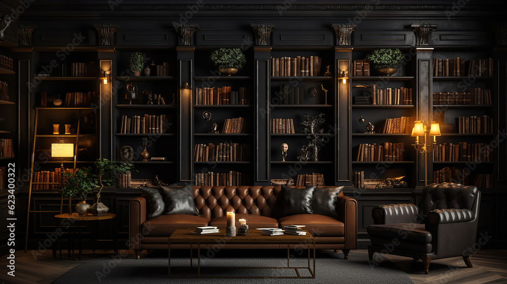 dark lounge with library, sofa, bookshelf dark lounge with library, sofa, bookshelf