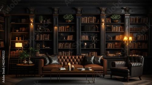 dark lounge with library, sofa, bookshelf