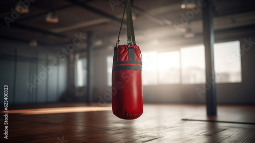 a boxing punching bag with a red rope hanging from it © PRI