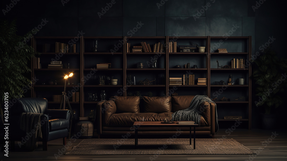 a black room with dark bookshelves and a brown leather sofa