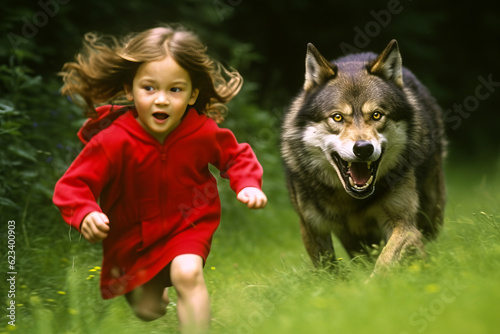 Enthralling scene of a brave little girl in red hood entrapped in fairy-tale chase with a menacing wolf; emanates adventure and nostalgia. Generative AI