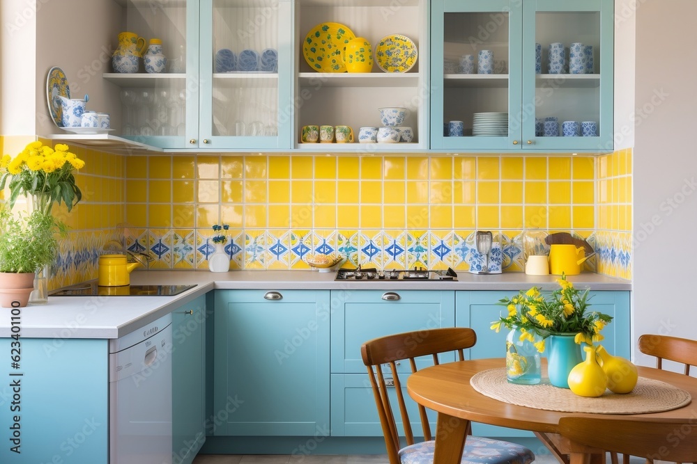 A bright and cheerful kitchen with a retro-inspired design, Generative Ai