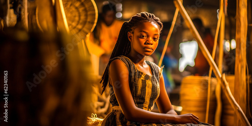 Captivating young African woman skillfully weaving in her workshop, with a blurred depth background suggesting traditional African culture. Generative AI
