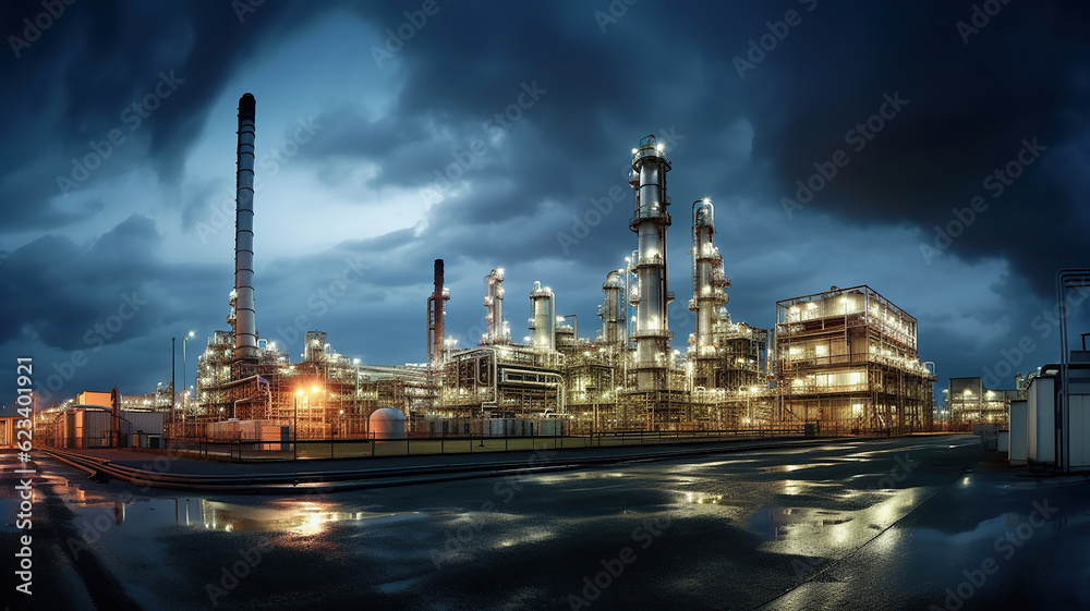 a large oil producing plant at night with stormy clouds