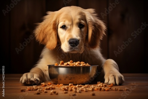 A dog enjoying a bowl of dog food  Generative Ai