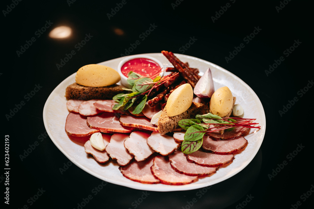 Meat cut with croutons and pate Meat cut with croutons and pate
