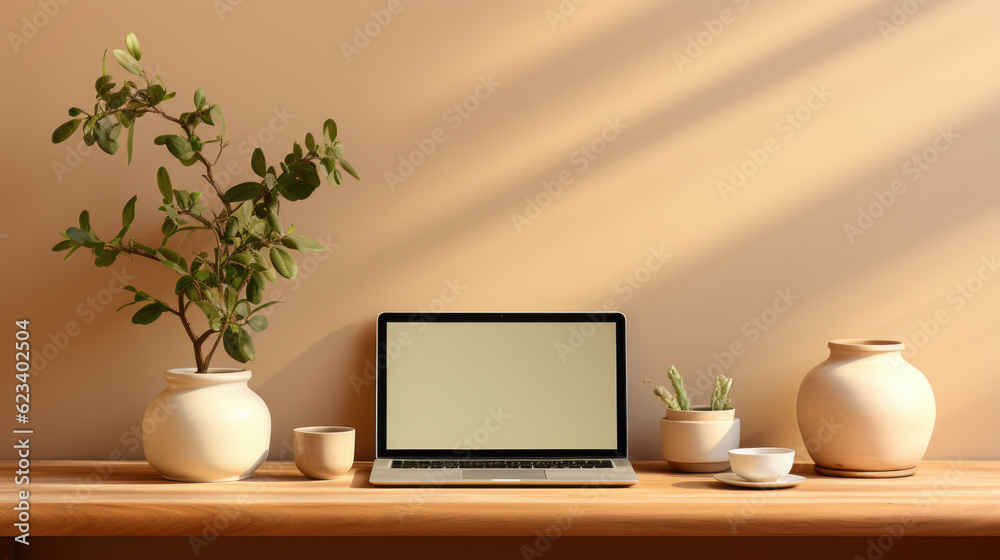 A laptop computer sitting on top of a wooden table. Generative AI. A laptop computer sitting on top of a wooden table. Generative AI.