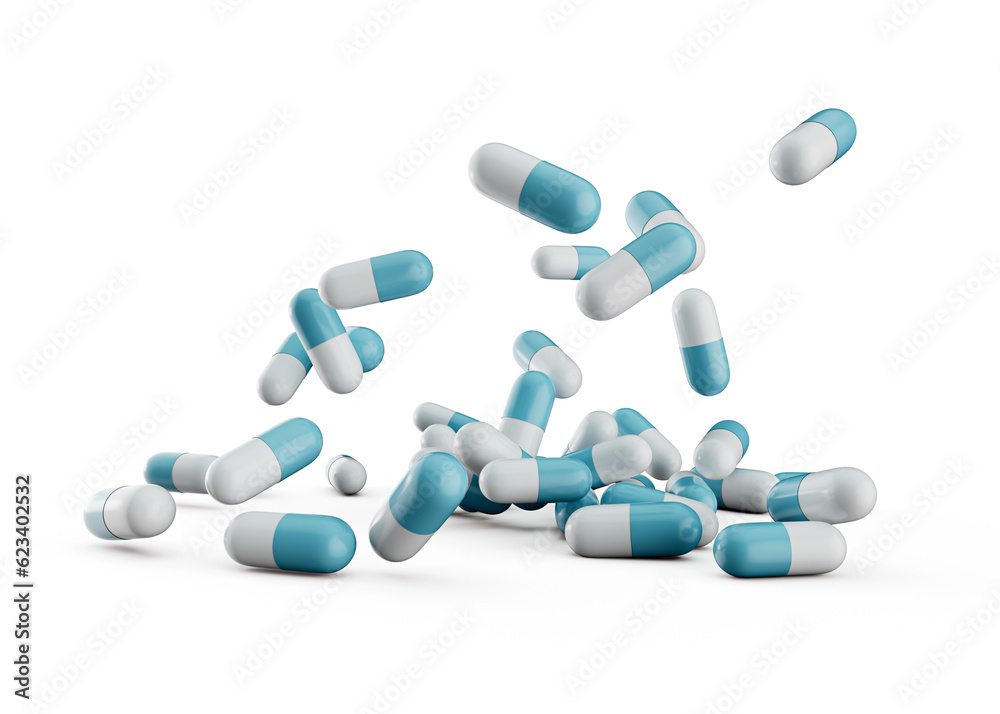3d Blue And White Pharmaceutical Antibiotic Capsules Falling On White Background, 3d Illustration 3d Blue And White Pharmaceutical Antibiotic Capsules Falling On White Background, 3d Illustration