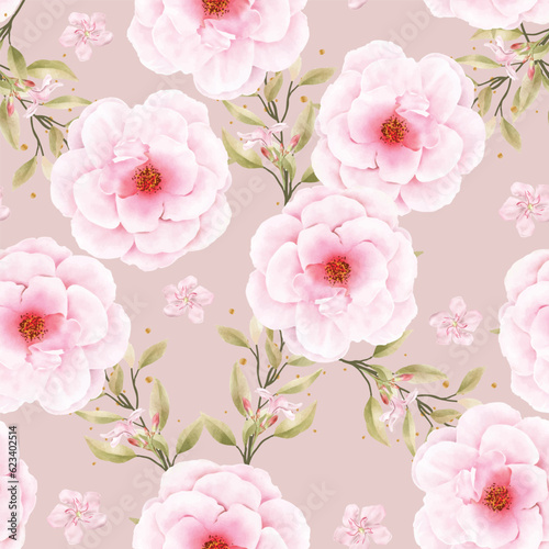 pink and yellow watercolor floral and leaves seamless pattern