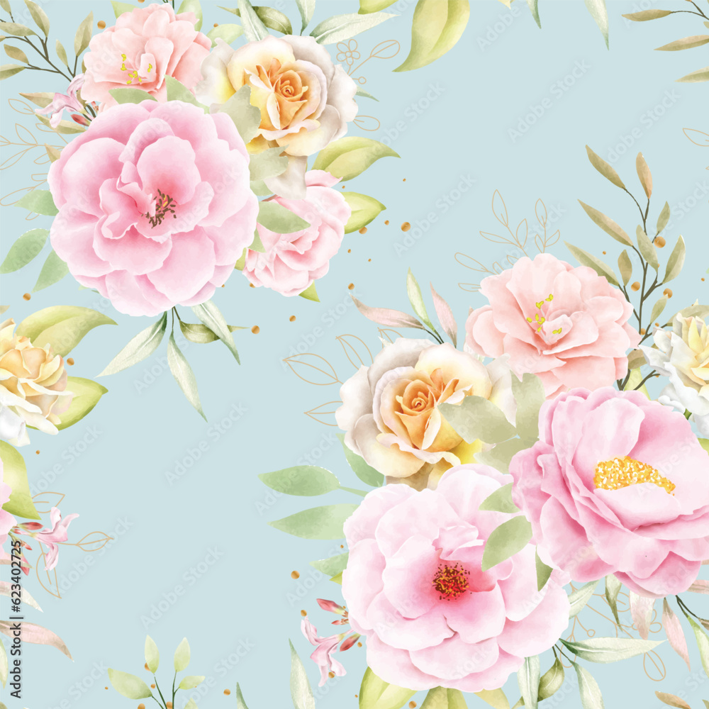 pink and yellow watercolor floral and leaves seamless pattern