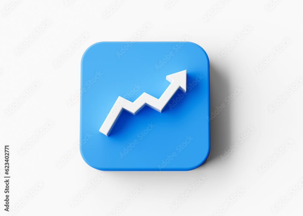 3d White Moving Up Growth Arrow Symbol With Blue Rounded Square Icon 3d Illustration