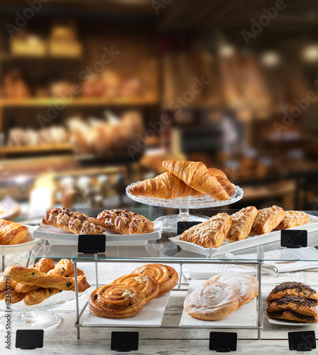 Pastelería con cruasanes, ensaimadas, lazos puestos sobre bandejas. Pastry with croissants, ensaimadas, bows placed on trays