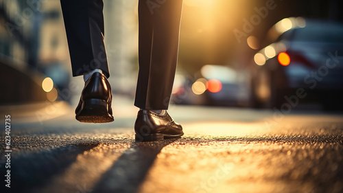 a man in a suit and a pair of shoes walking along an asphalt road