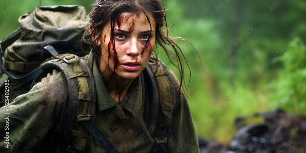 Empowering scene of a young woman soldier in active battlefield, promoting female military inclusion. Femininity meets strength. Generative AI