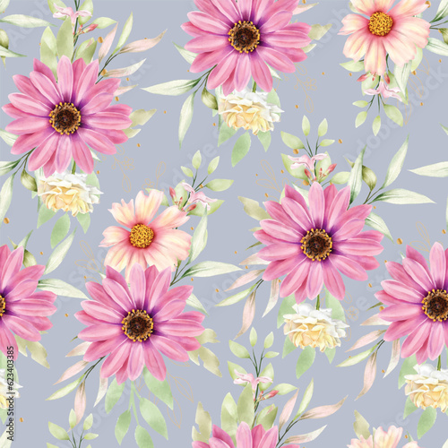 pink and yellow watercolor floral and leaves seamless pattern