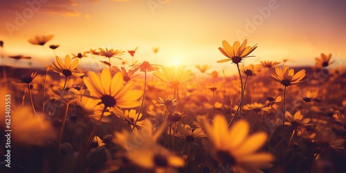 AI Generated. AI Generative. Nature outdoor landscape field of flowers at sunset sunrise. Blossom bloom botanical plant adventure vacation wild life. Graphic Art